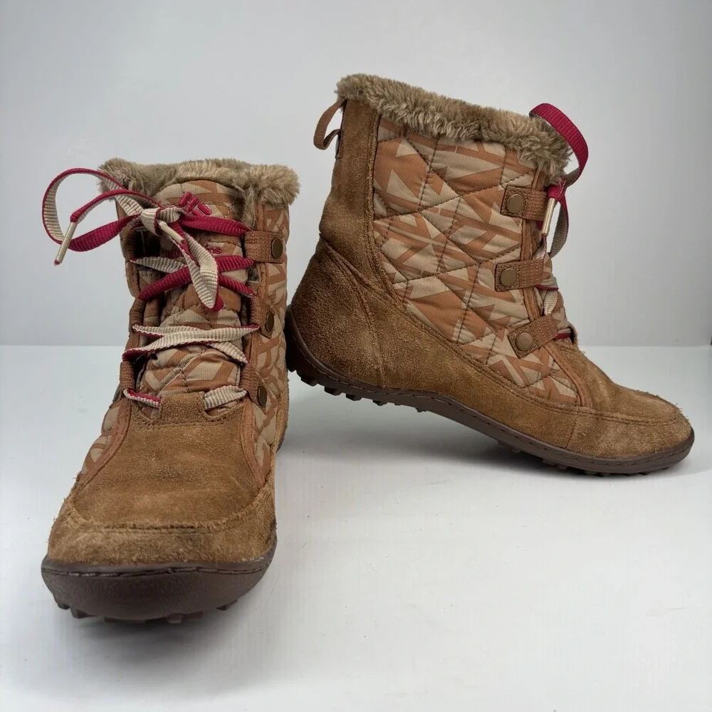 Columbia Women’s Brown Suede Quilted Winter Boots - Tan with Red Accents